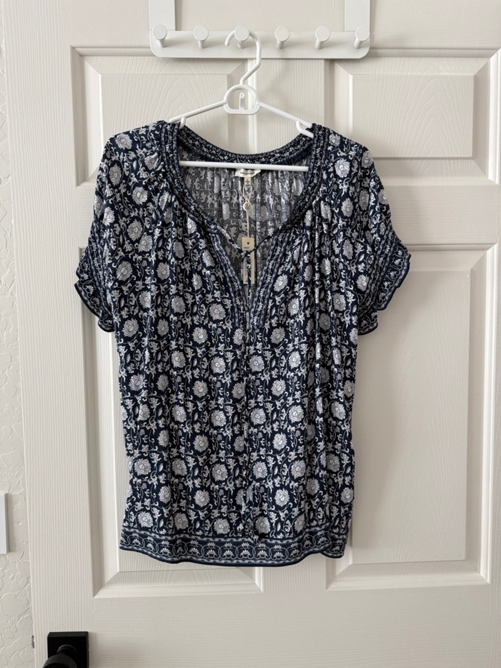 Max Studio Navy and White Floral Peasant Blouse